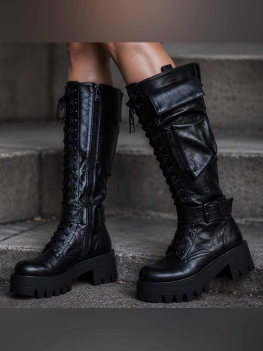 Black Knee High Platform Combat Boots With Cargo Pockets - Picture 6 of 9